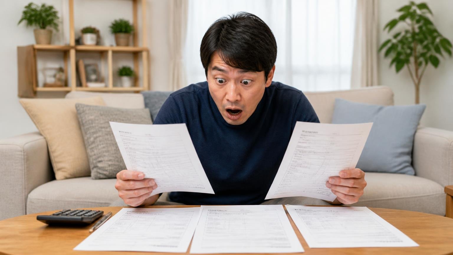 3社の見積もりが20万円ちがった話、リビングで見積書を広げる、書類を見比べる男性1人、驚いた表情