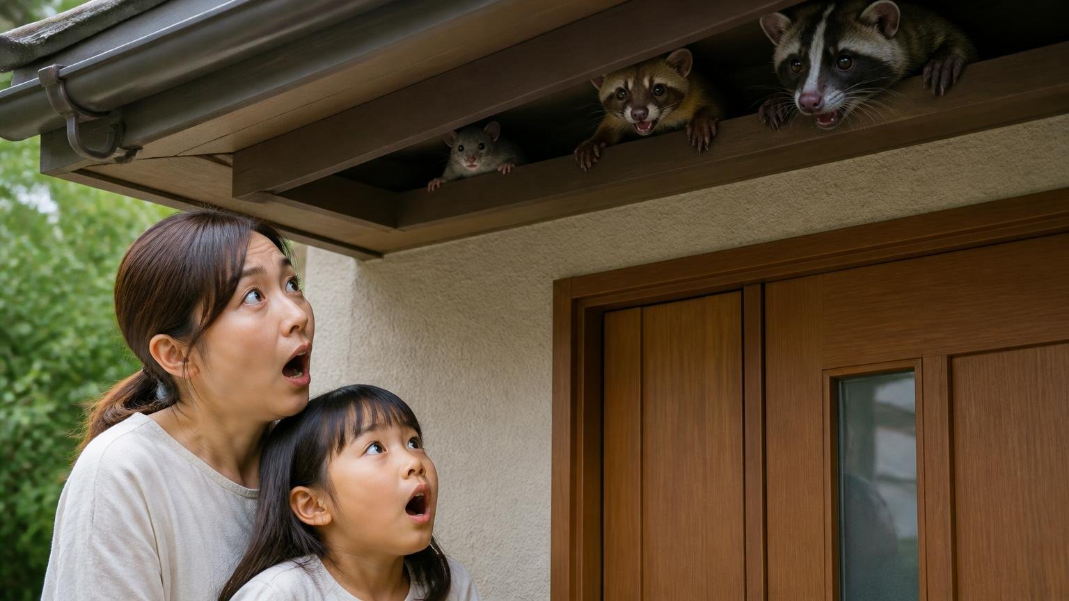 ネズミとイタチ・ハクビシンの違い 屋根の軒下を見上げる玄関前で母親と子どもが驚く表情