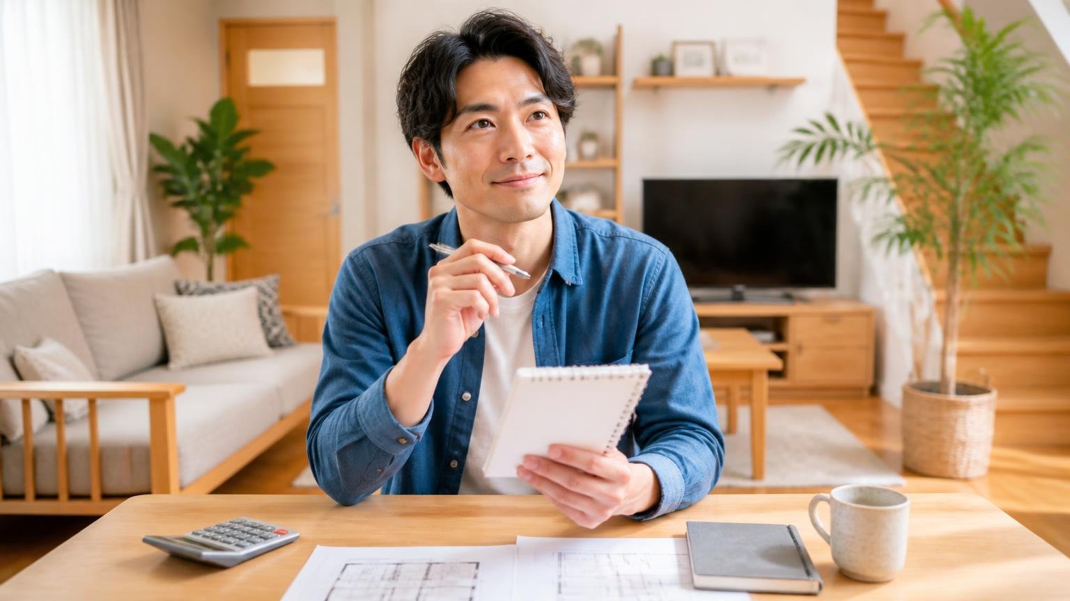 今日から動くならこの順番で。木造戸建てのリビングでメモを手に計画を立てる住人1人が前向きな表情