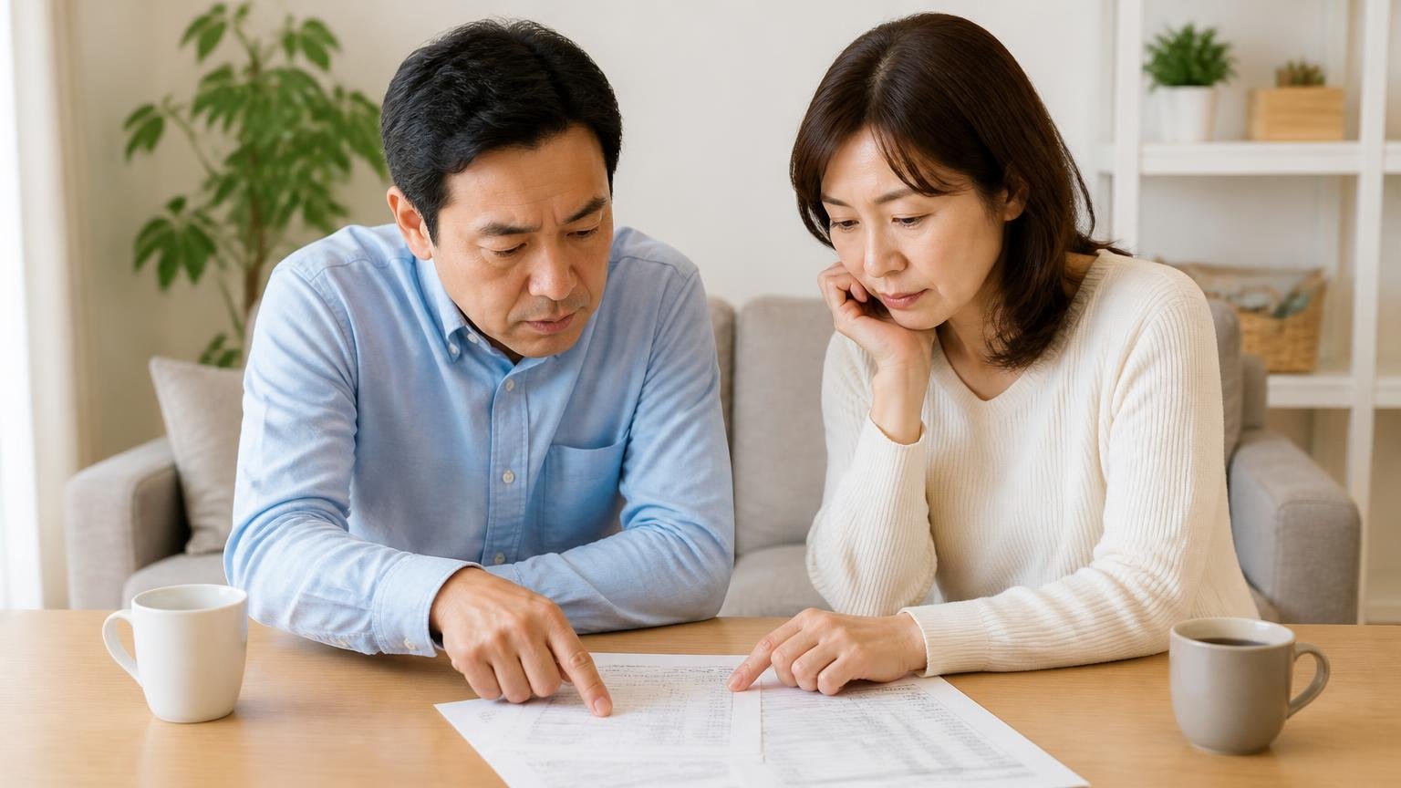 見積書のここを見る リビングのテーブルで見積書を確認 夫婦2人 書面を指でなぞり真剣な表情