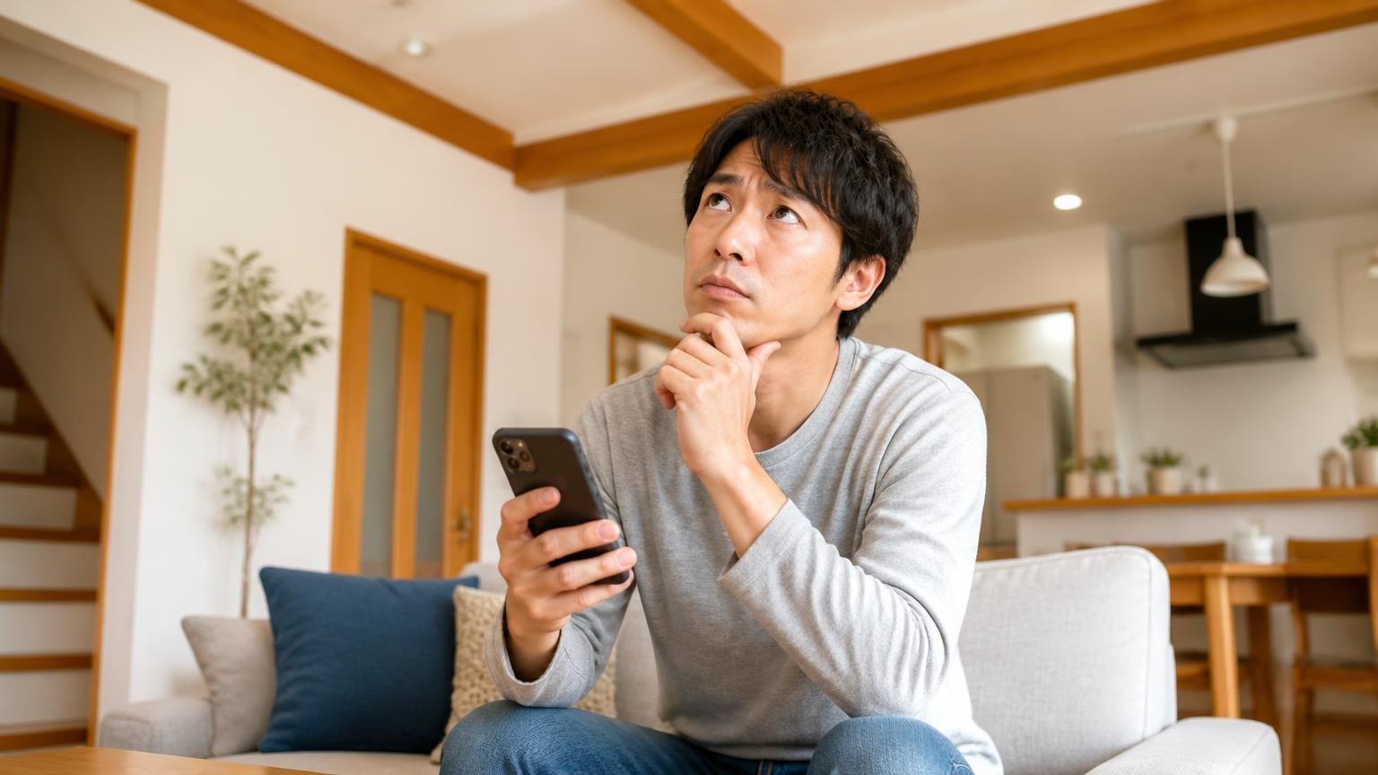 天井のミシミシ音についてよくある質問 木造戸建てのリビング スマホで調べる住人1人 考え込む表情