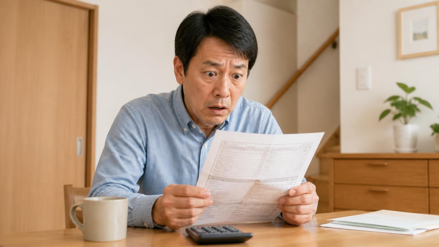 見積書の金額に固まる。木造戸建てのダイニングで見積書を見つめる40代男性1人が言葉を失う