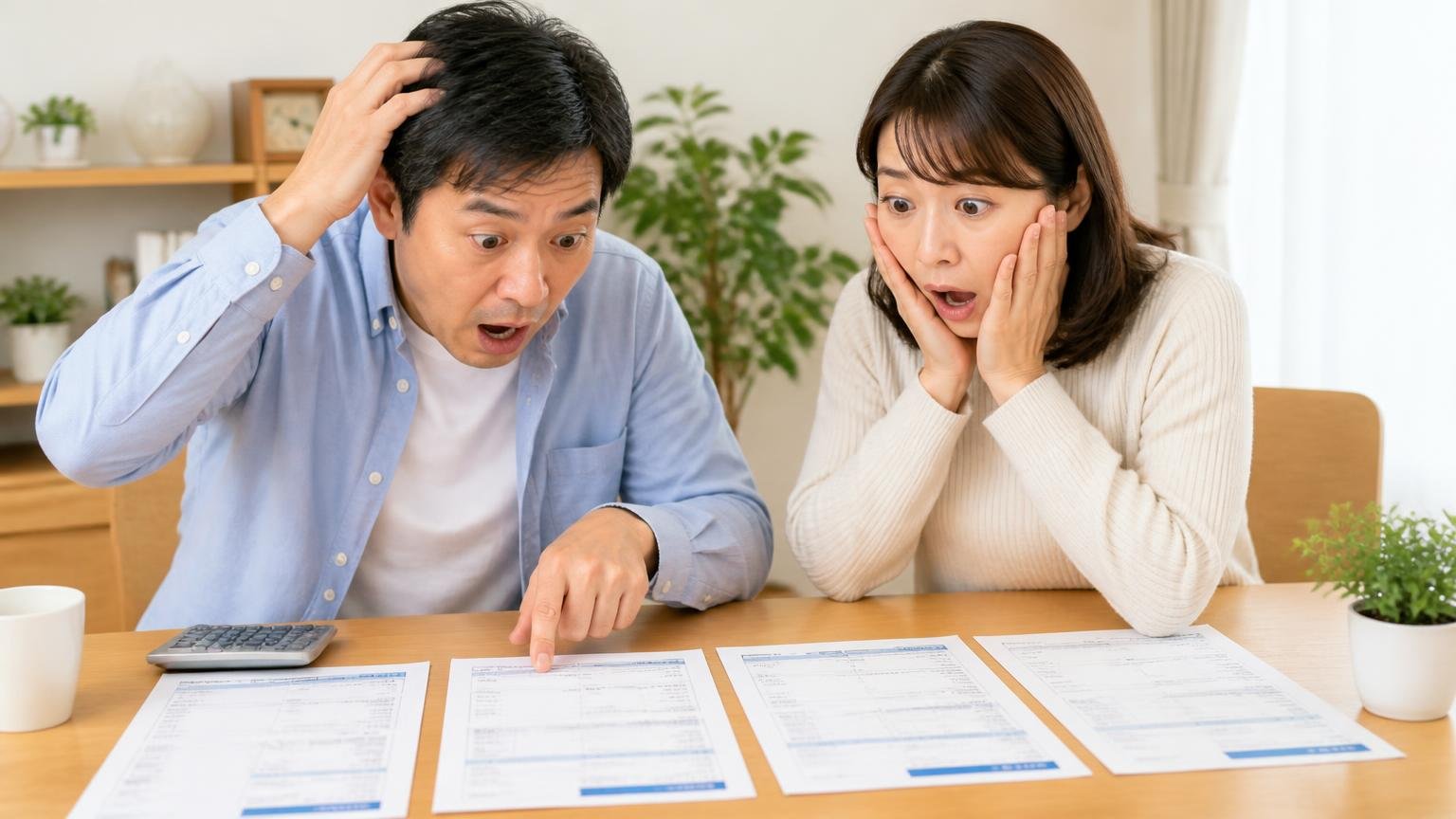 費用は10万円台から60万円まで振れる|ダイニングで見積書を並べて比べる夫婦2人が驚く
