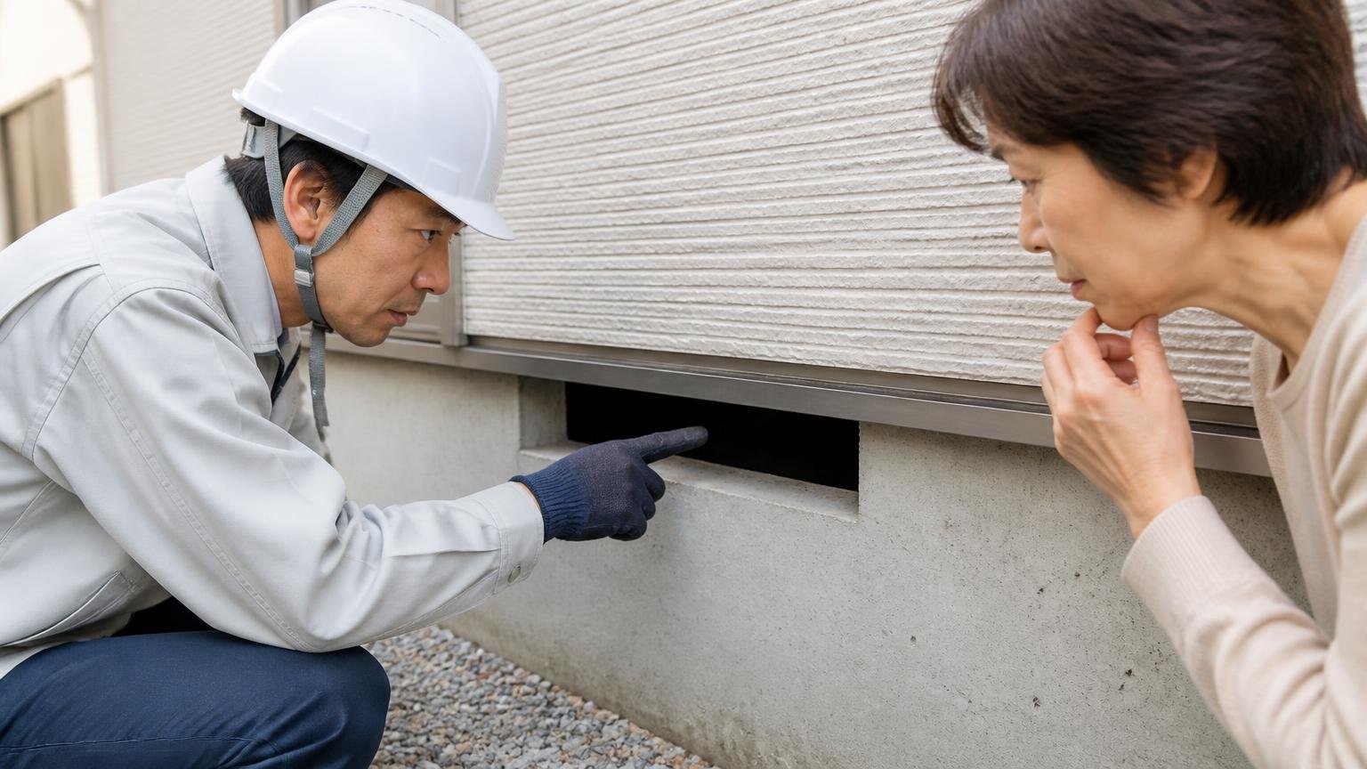 減らすと入れないは別。家の基礎まわりの隙間を指し真剣な表情の作業員と住人