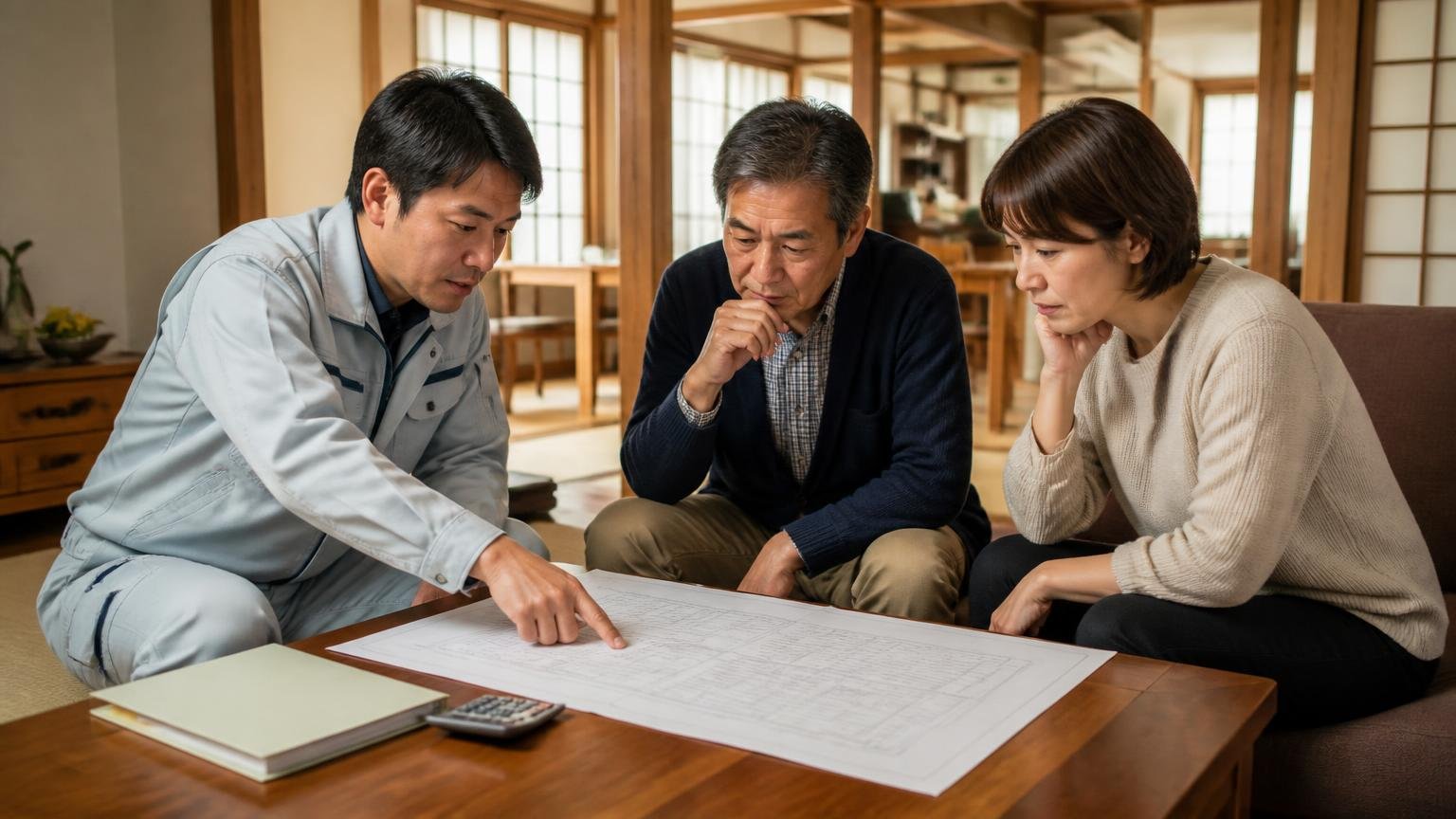 見積書で確認すべき4項目。古民家のリビングで作業員1人と住人2人が見積書を広げ真剣に確認する