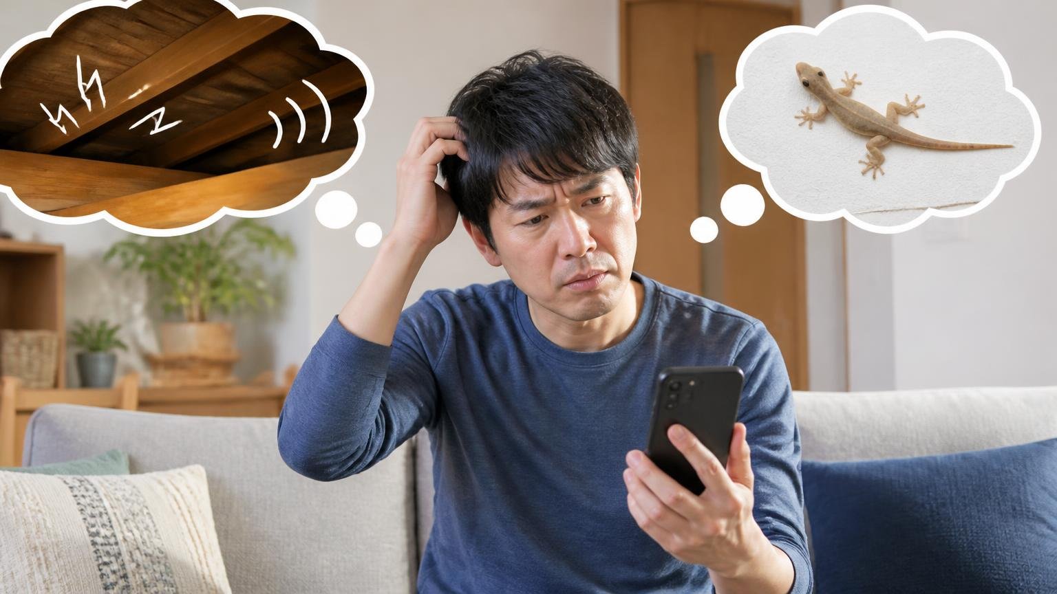 天井裏の音とヤモリのよくある質問。リビングで男性1人がスマホを見ながら首をかしげ考える表情