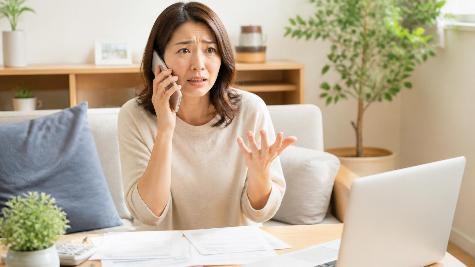 急ぎでも相見積もり リビングで女性1人がスマホで電話をかける