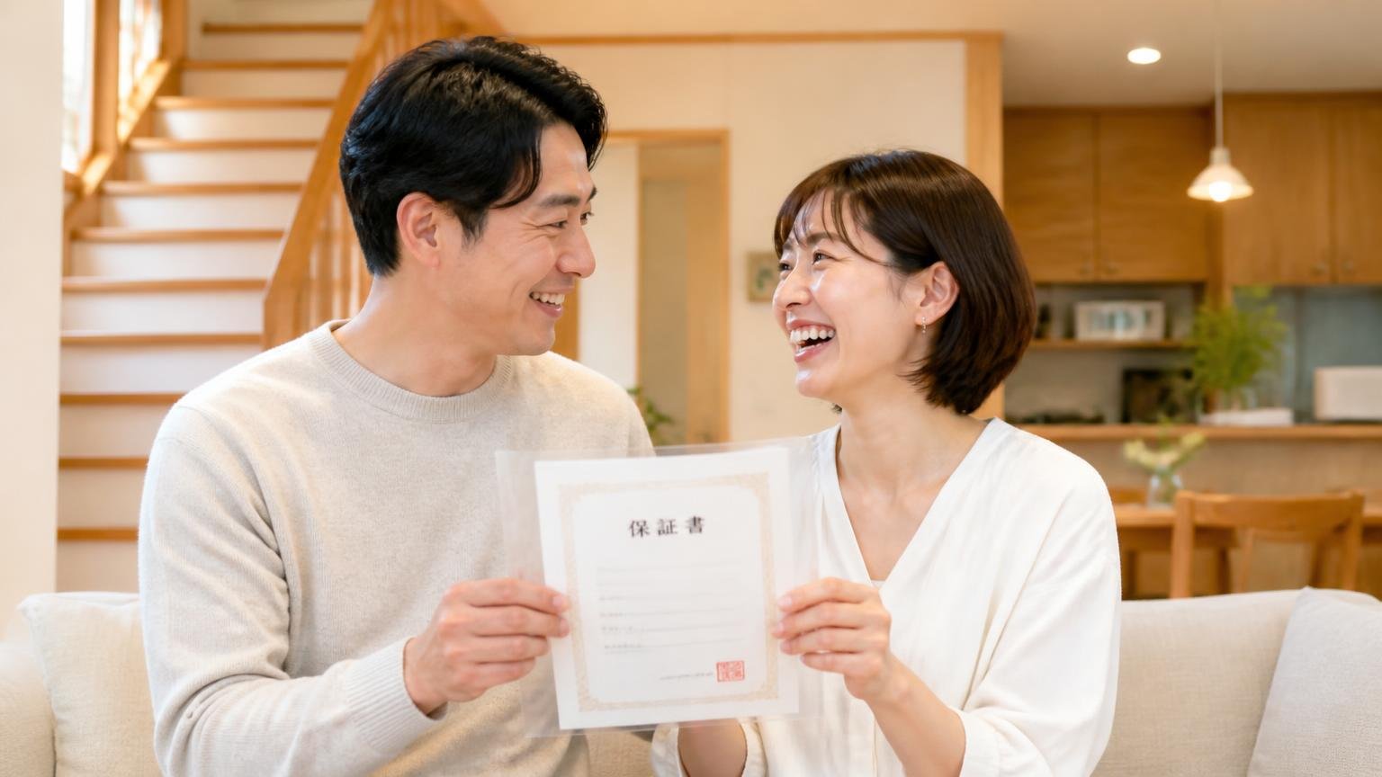 業者に頼むのは保証を買うこと。木造戸建てのリビングで保証書を手に、安堵の表情で顔を見合わせる夫婦2人