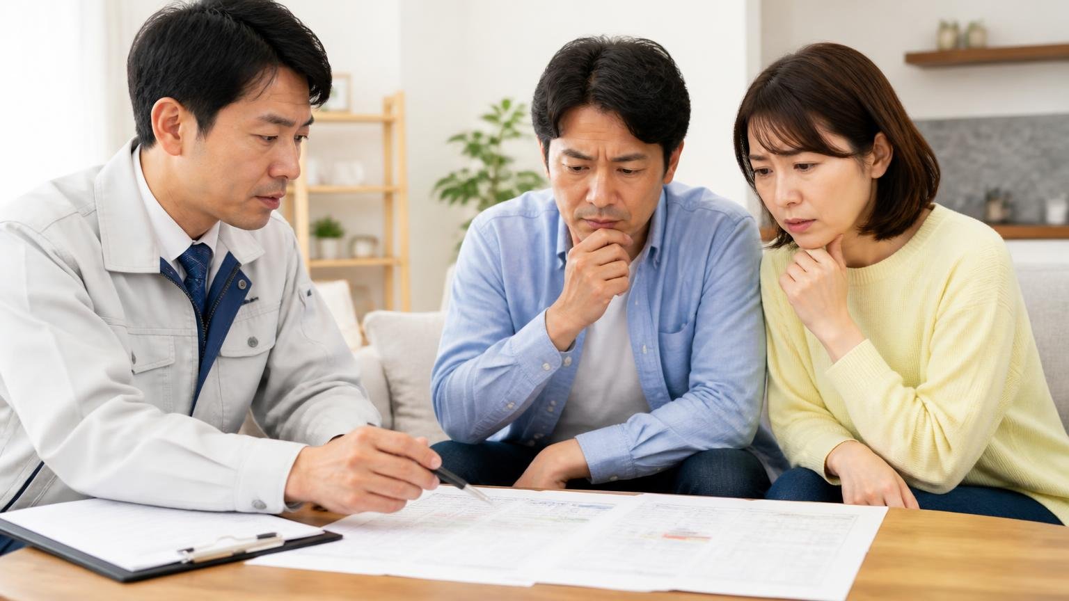 駆除の料金だけ比べると後で足りなくなる。リビングで作業員と夫婦が見積書を広げ確認