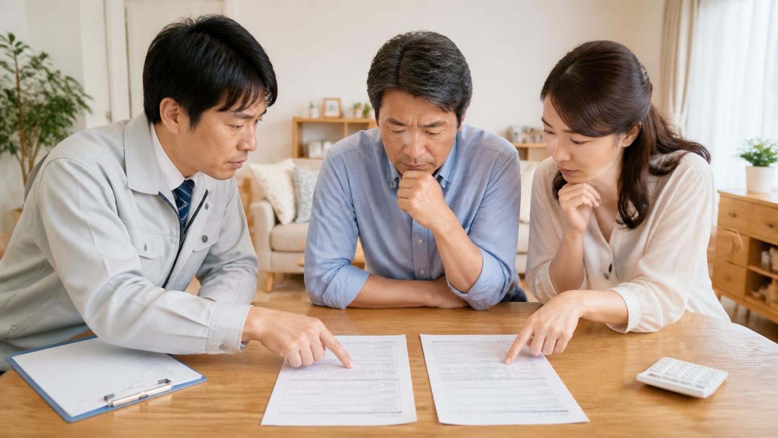 国が示す正しい順番。リビングで作業員と打ち合わせする住人夫婦2人が見積書を並べて比べる