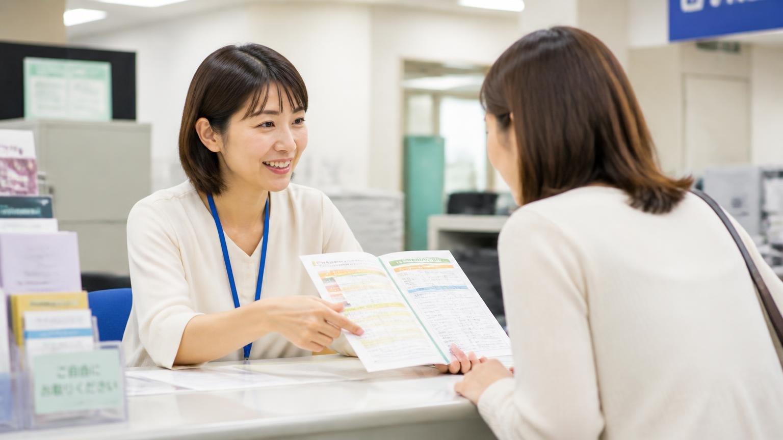 自治体に相談する選択肢。役所の窓口で職員1人が住人女性1人に資料を見せて案内する