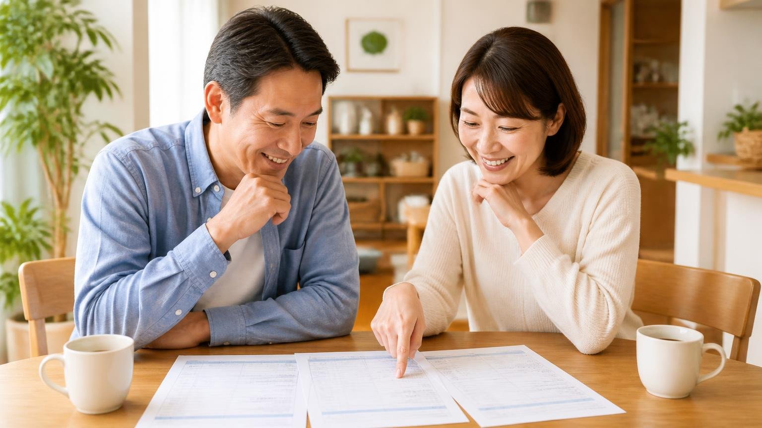 費用の目安を知ると判断がラクになる。ダイニングで夫婦2人が見積書を並べ表情をやわらげる