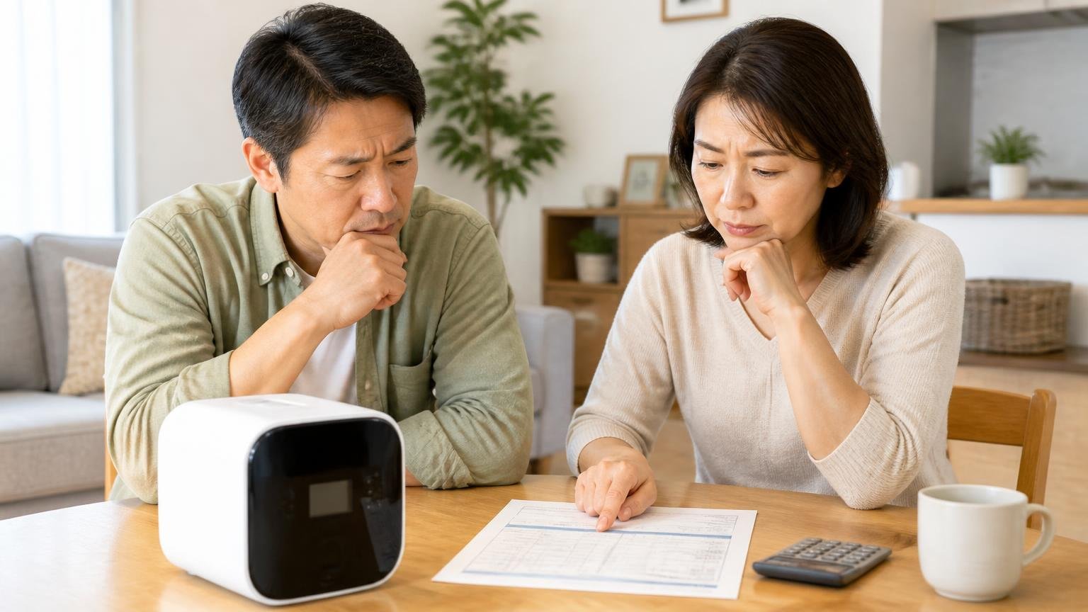 機器と業者は買うものが違う。リビングのテーブルに見積書と小型機器を並べて見比べる40代夫婦