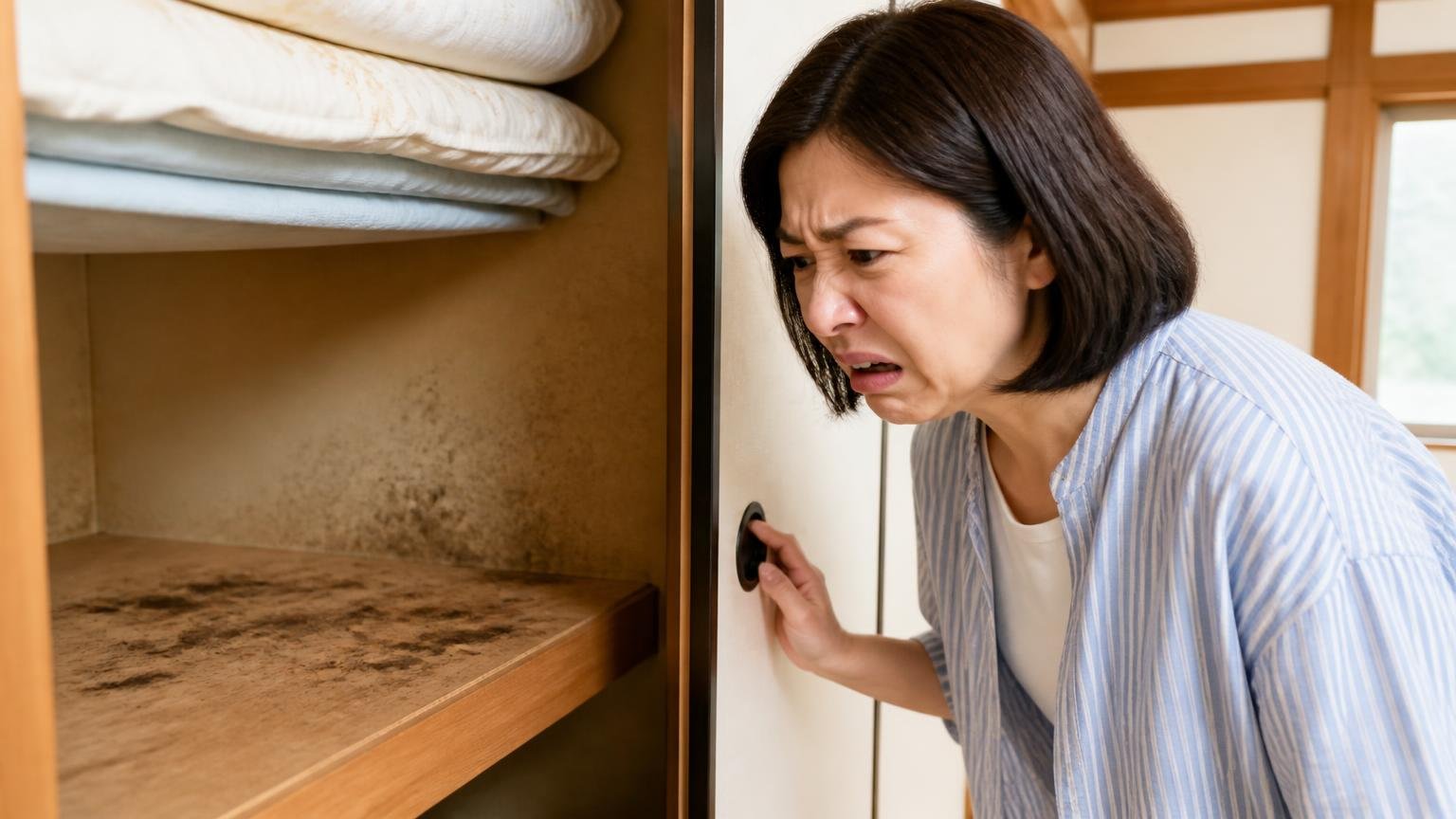 買っても解決しにくい人の条件 木造戸建ての押し入れを開けフンとシミを見つけ顔をこわばらせる40代女性
