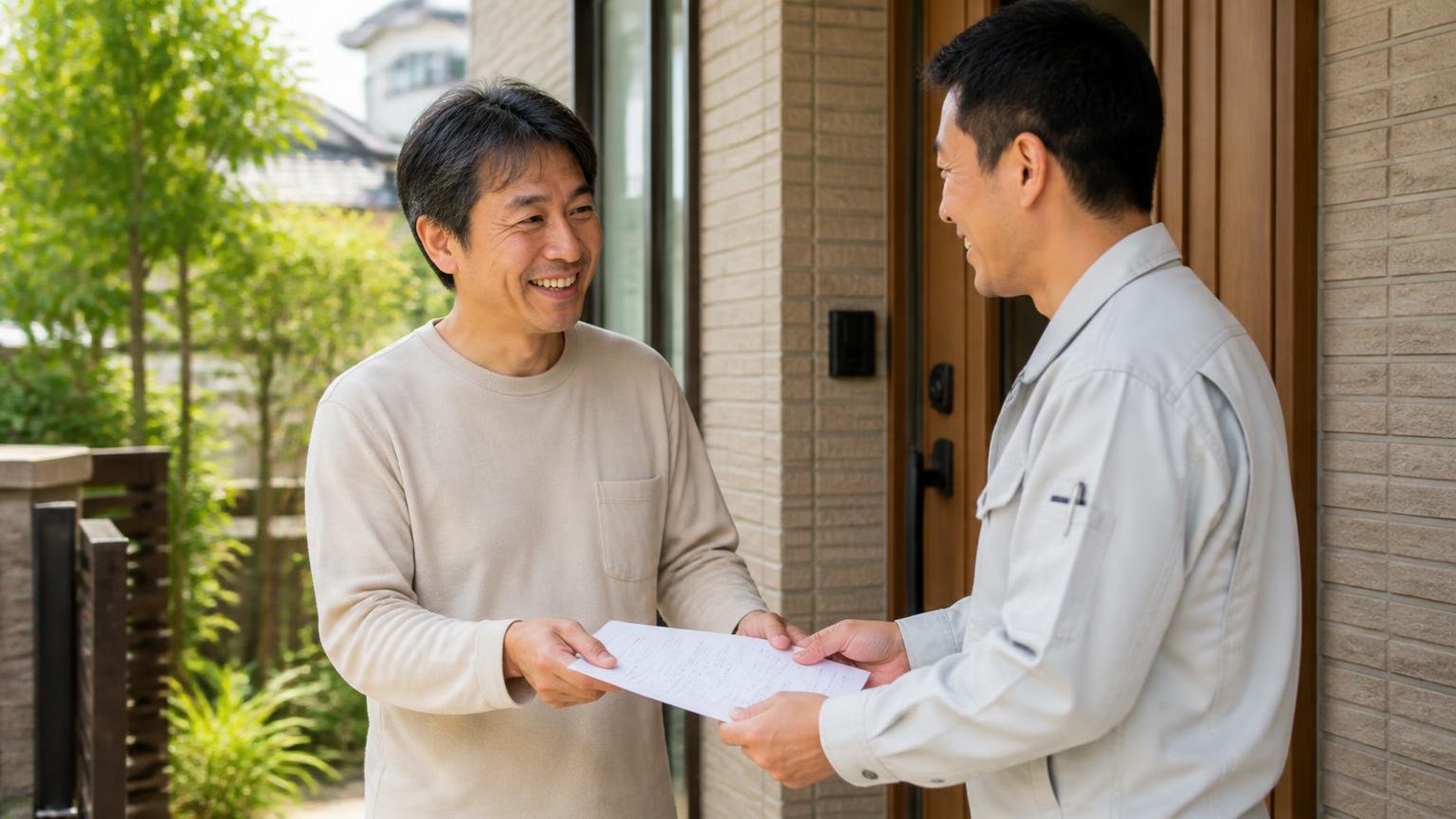 見積もりは契約ではない 住宅の玄関先 住人1人と作業員1人 書類を受け取り笑顔で会話する
