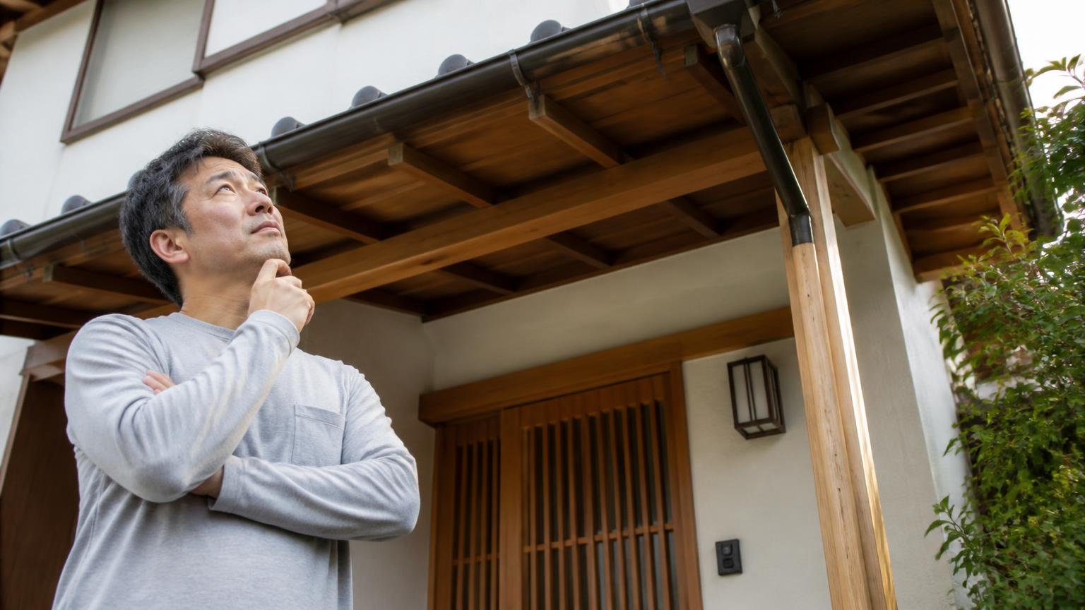 捕獲に許可がいる動物を知る。木造戸建ての軒下を見上げる玄関前で男性1人が腕を組んで考え込む