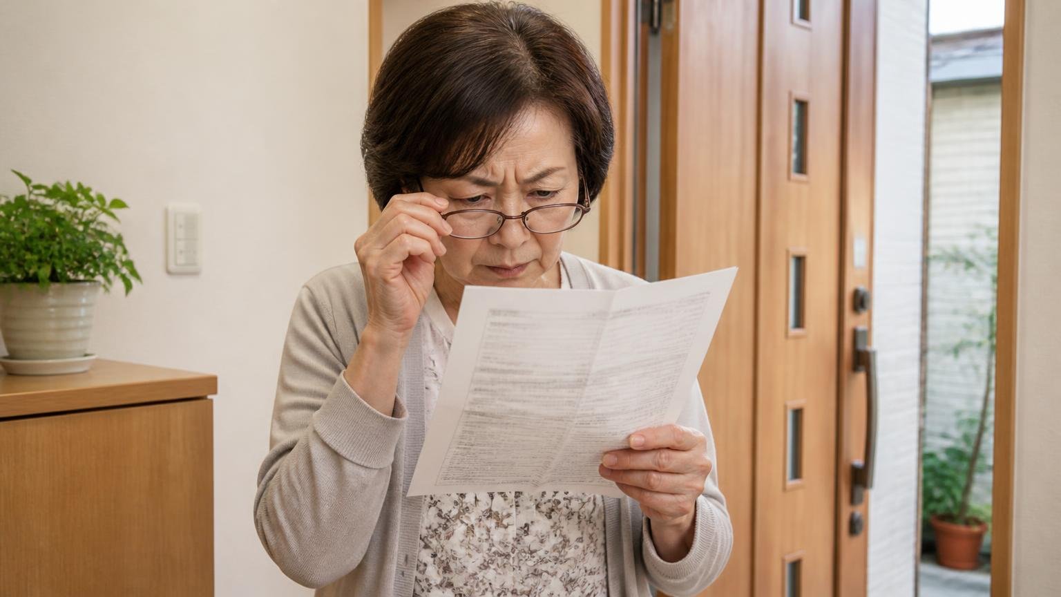 保証の中身を確認する。住宅の玄関で保証書の条項を老眼鏡で読み込む60代女性が真剣な表情