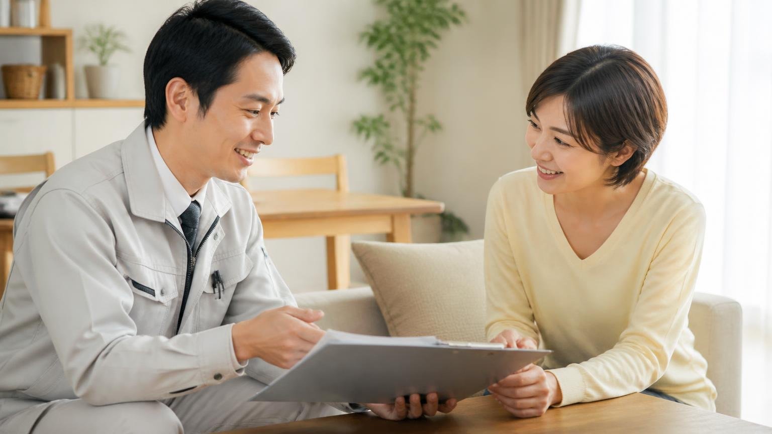 無料の現地調査と見積もりは契約の約束ではない。リビングで作業員1人と女性1人が書類を挟み笑顔で話す