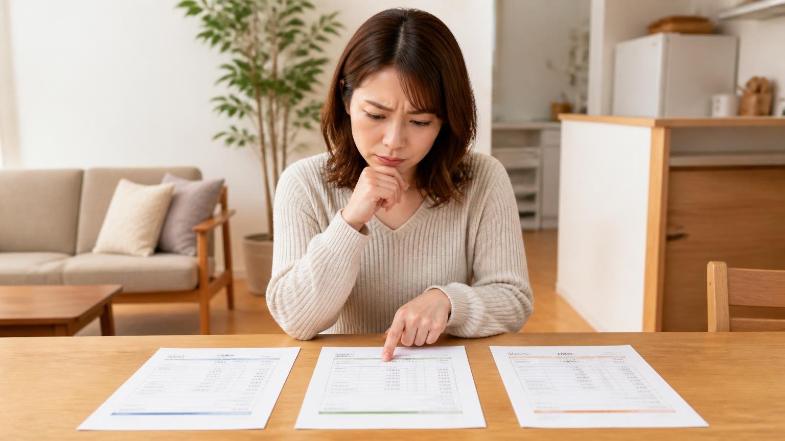 なぜ1社ではなく複数社から見積もりを取るのか、木造戸建てのリビングで30代女性が3枚の見積書を並べて比べる