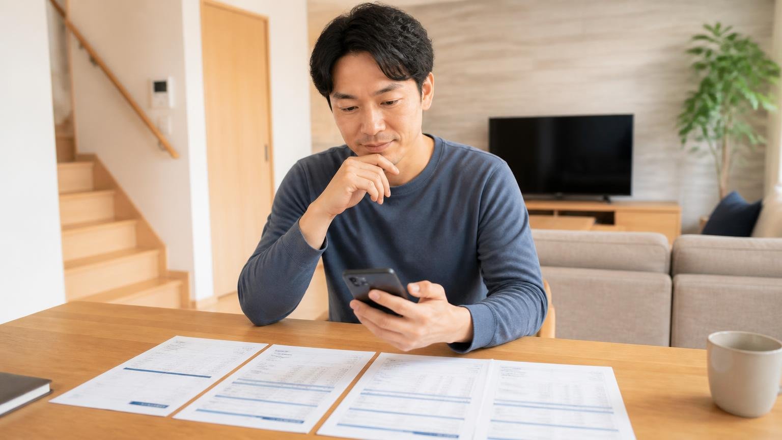 複数社から見積もりを取る前提で連絡すると知る場面 木造戸建てのリビングでスマホと見積書を並べる30代男性1人 落ち着いた表情