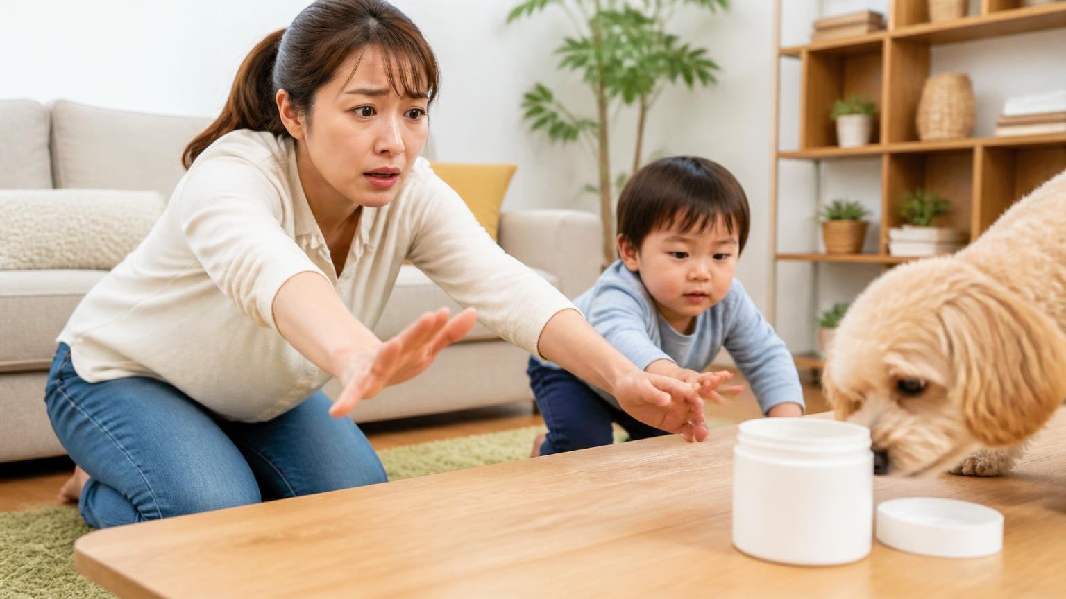ペットや小さな子どもがいる家庭での注意/リビングで母親1人が子どもと犬から容器を遠ざけ心配そうな表情