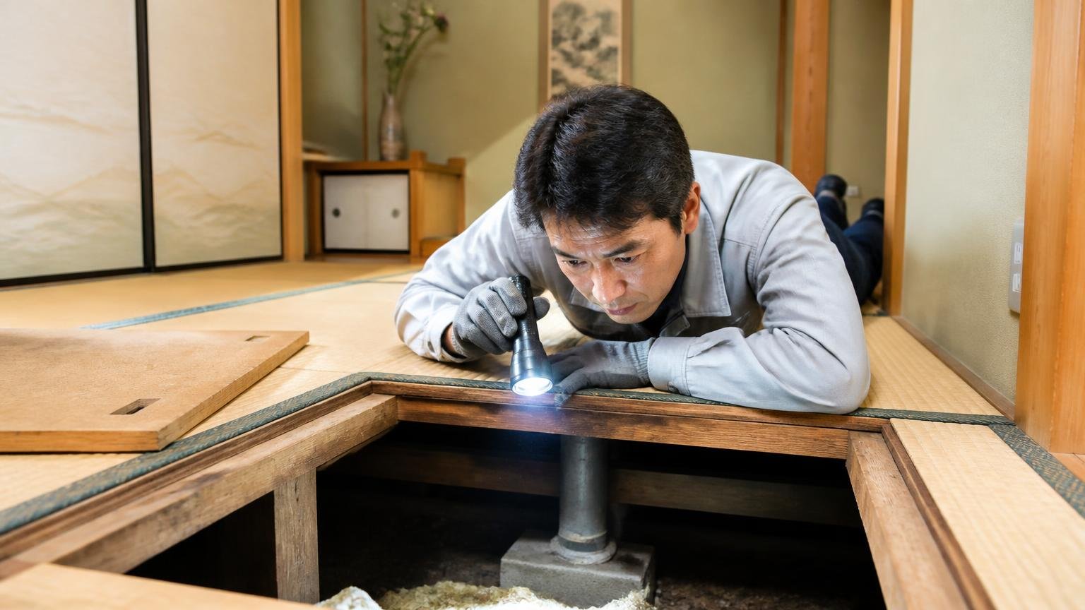 床下点検を同時に相談する理由。木造住宅の和室の床下点検口を開けて、作業員1人が腹ばいで懐中電灯を差し入れ真剣に中を確認している