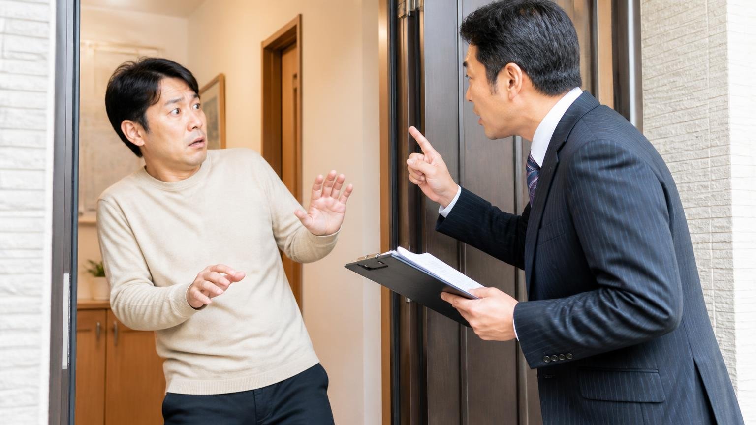 危機感をあおる業者は適切とはいえないと行政が書いている|玄関先で契約を急かされて戸惑う|住人1人と訪問者1人|住人が一歩後ずさる