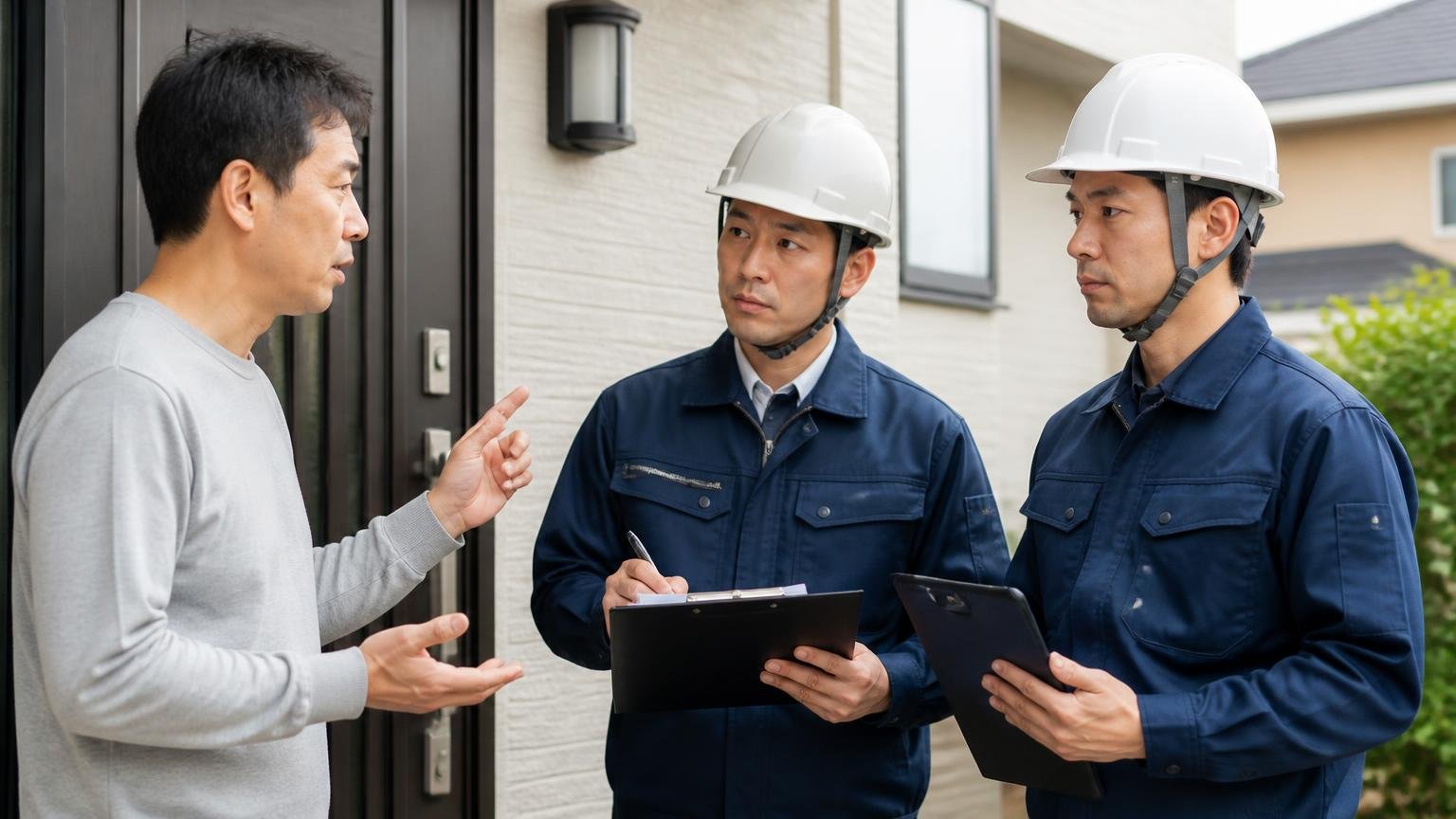 作業前の調査と作業後の効果判定を聞く、玄関前で作業員に質問、質問する住人と作業員2人、真剣な表情