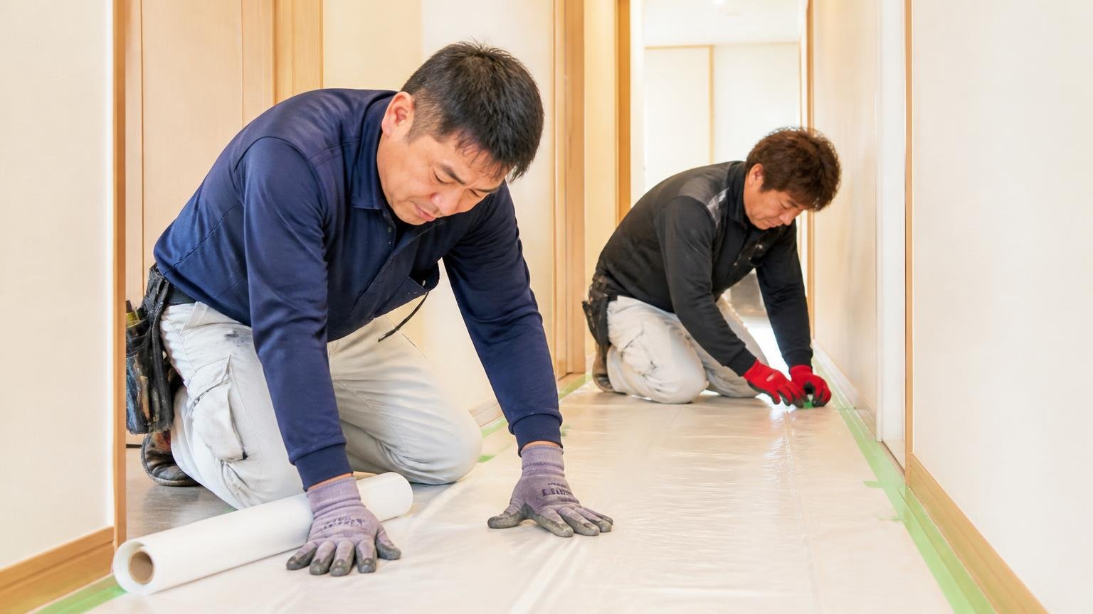 依頼したあとによくある質問。住宅の廊下で養生シートを敷き作業を進める作業員2人