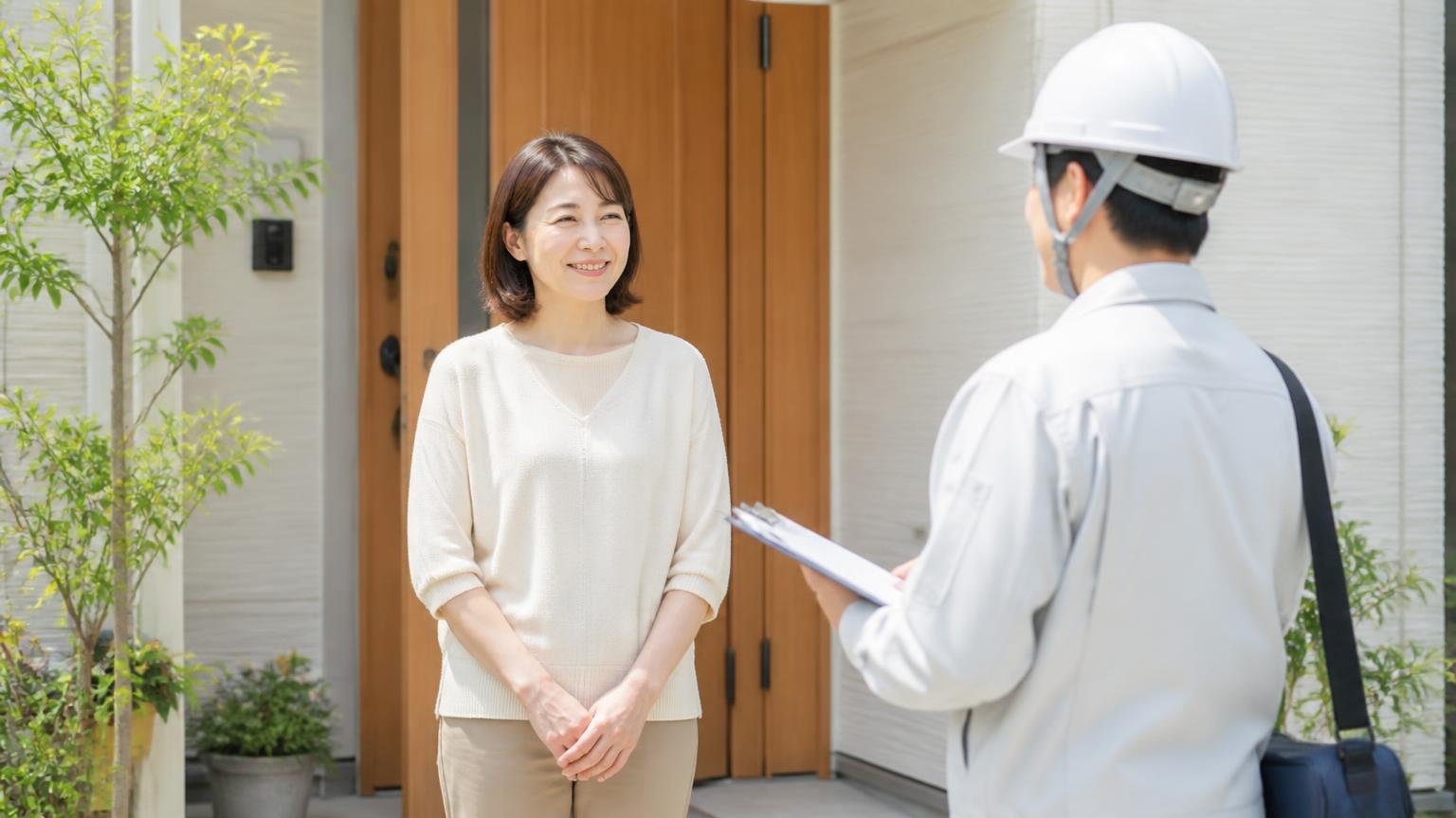 無料の現地調査だけでも受けてみたい方へ。木造戸建ての玄関前で作業員を迎える住人1人が穏やかな表情