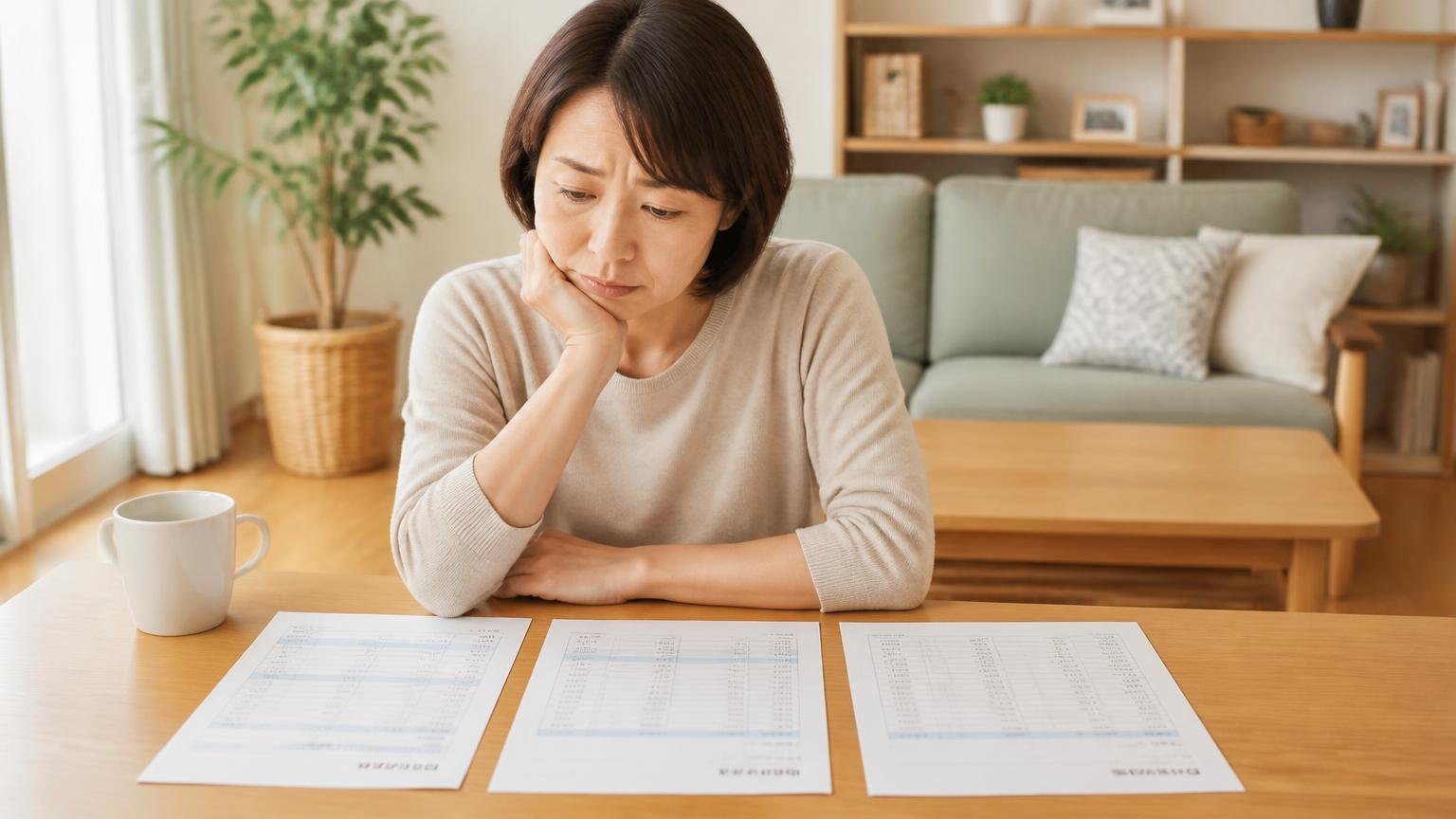 1社だけの見積もりでは判断できない リビングで複数の見積書を並べる 女性1人 書類を見比べて考え込む