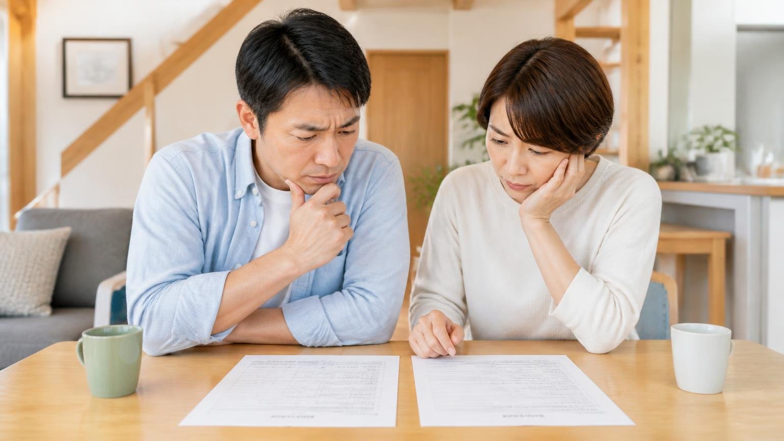 見積書の内訳を比べる。木造戸建てのリビングで2枚の見積書を並べて見比べる夫婦2人が真剣