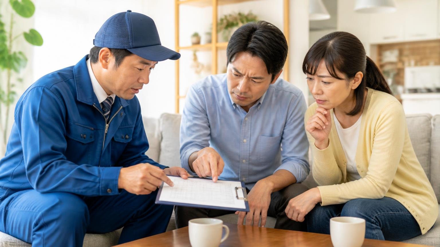 駆除に清掃と封鎖が入っているか|リビングで作業員と住人2人が見積書を指さして確認