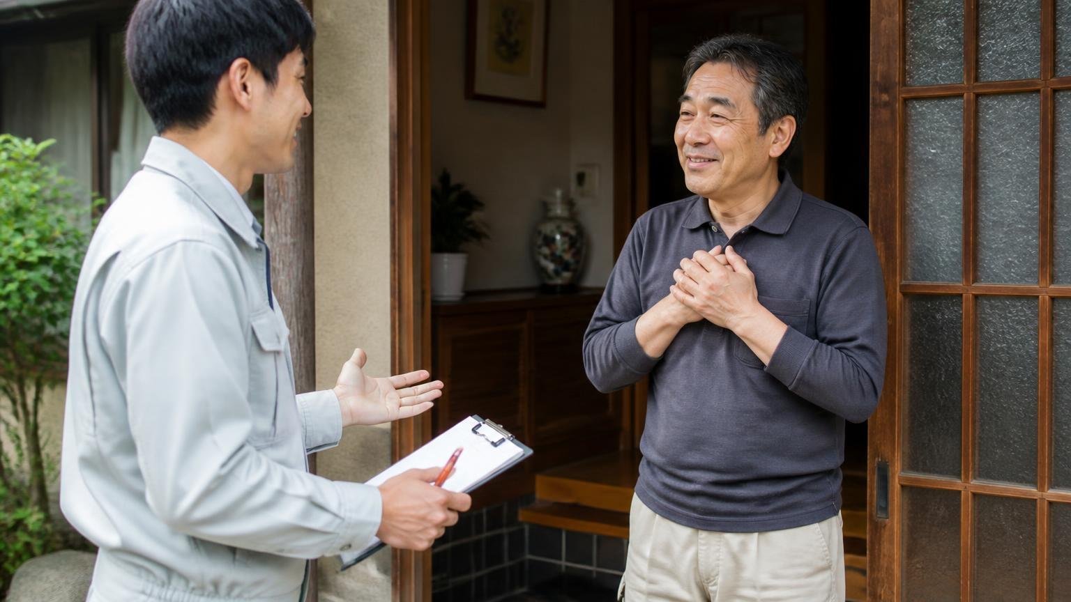調査で押し売りされないかへの答え。古民家の玄関先で作業員1人と住人1人が穏やかに話し住人が安心した表情