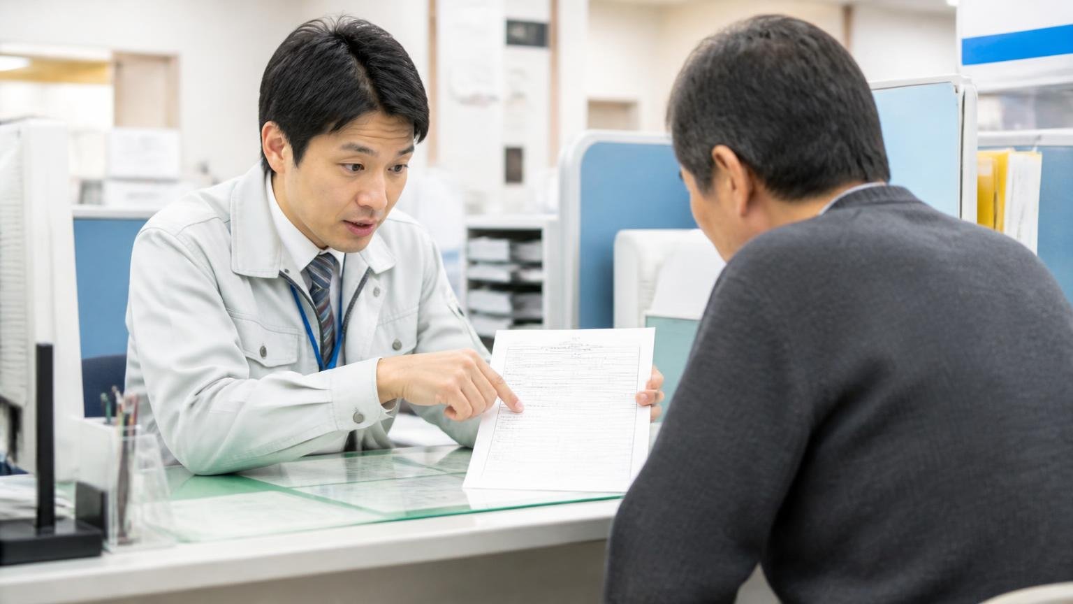 許可なく捕獲できない決まりがある、自治体の窓口で職員1人が住人1人に書類を見せて説明する
