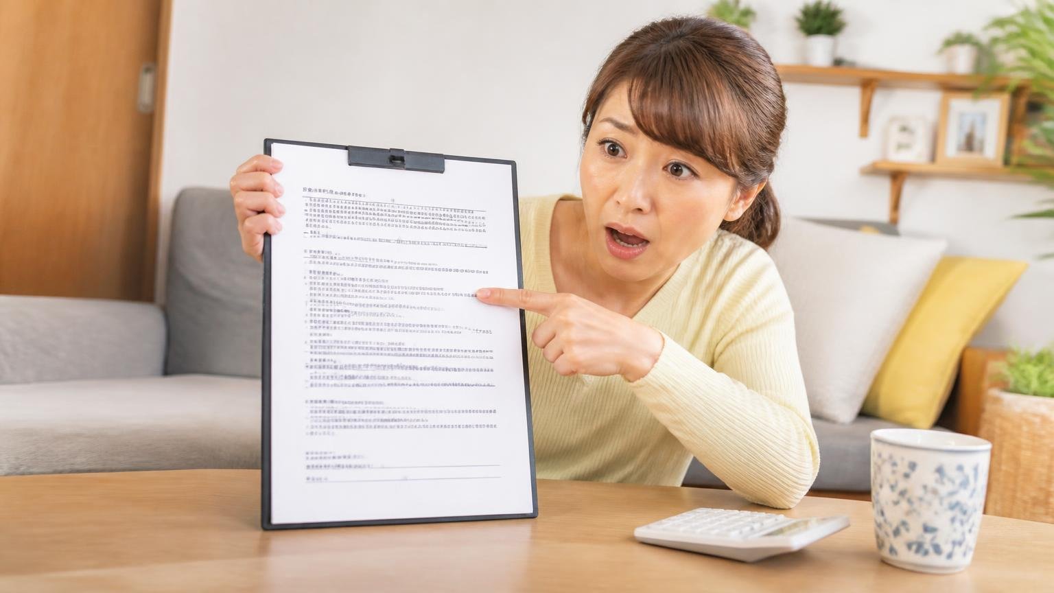 保証は年数でなく再発時にどこまで無償かを見る。リビングで女性1人が契約書を指さす