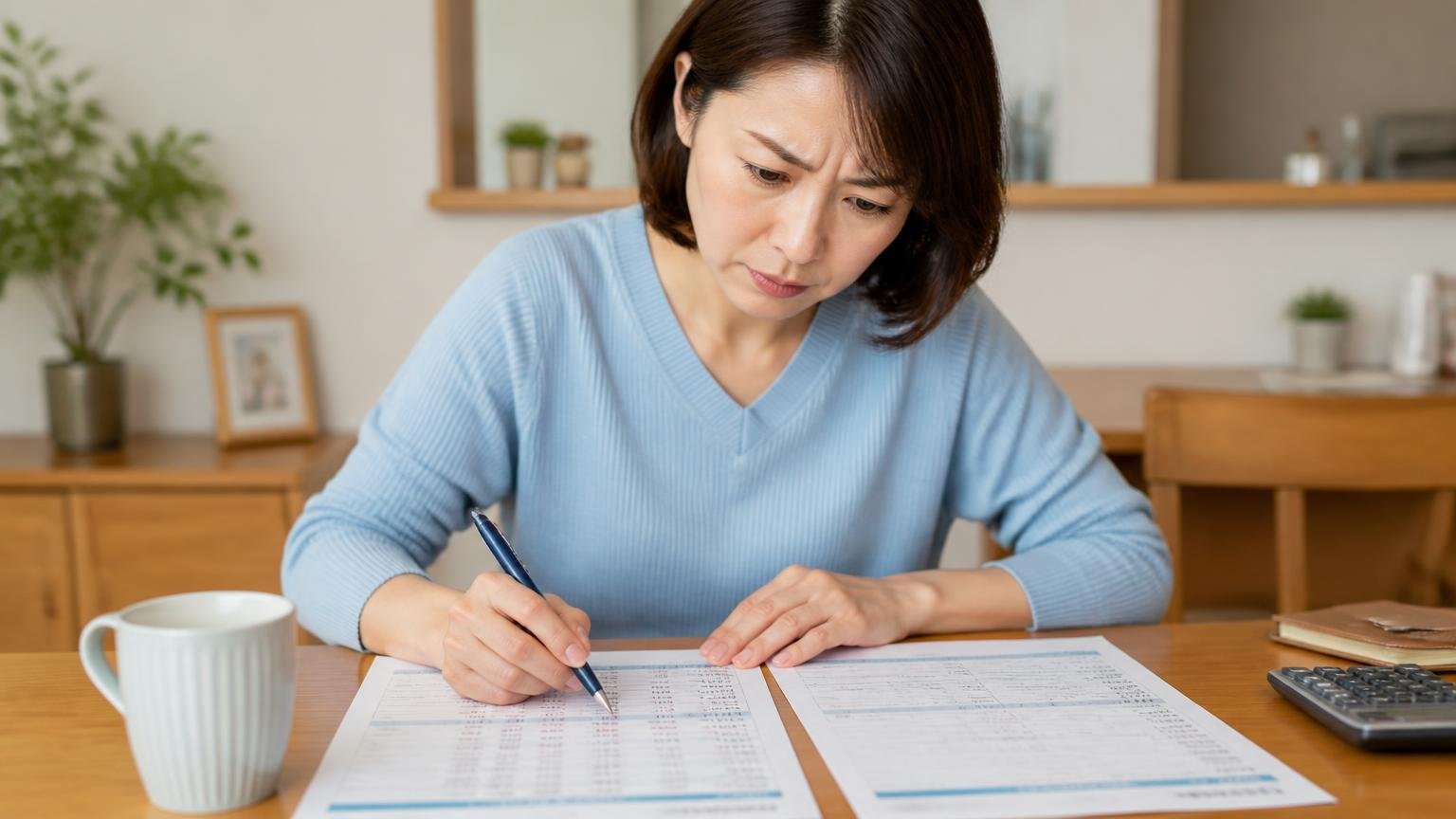 見積書で必ず確認したい5項目。自宅の食卓で2社の見積書を広げペンで印をつける40代女性が真剣な表情