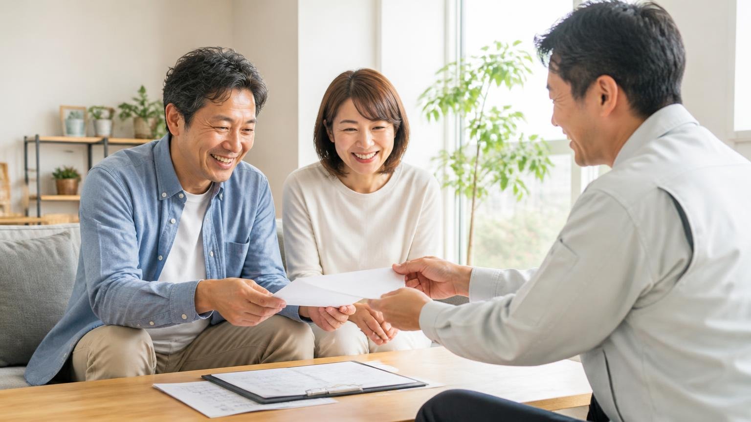 相見積もりの1社目を選ぶ リビングで作業員と打ち合わせする夫婦2人が笑顔で資料を受け取る