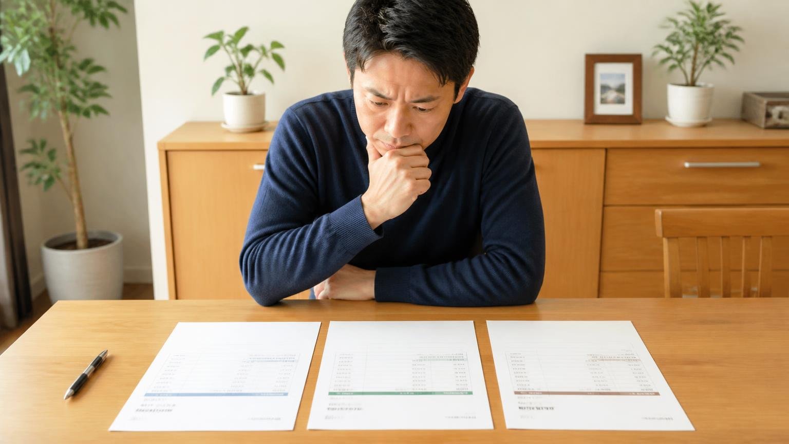 相見積もりで金額の妥当性が分かる。ダイニングで男性1人が3社の見積書を広げ見比べ真剣な表情