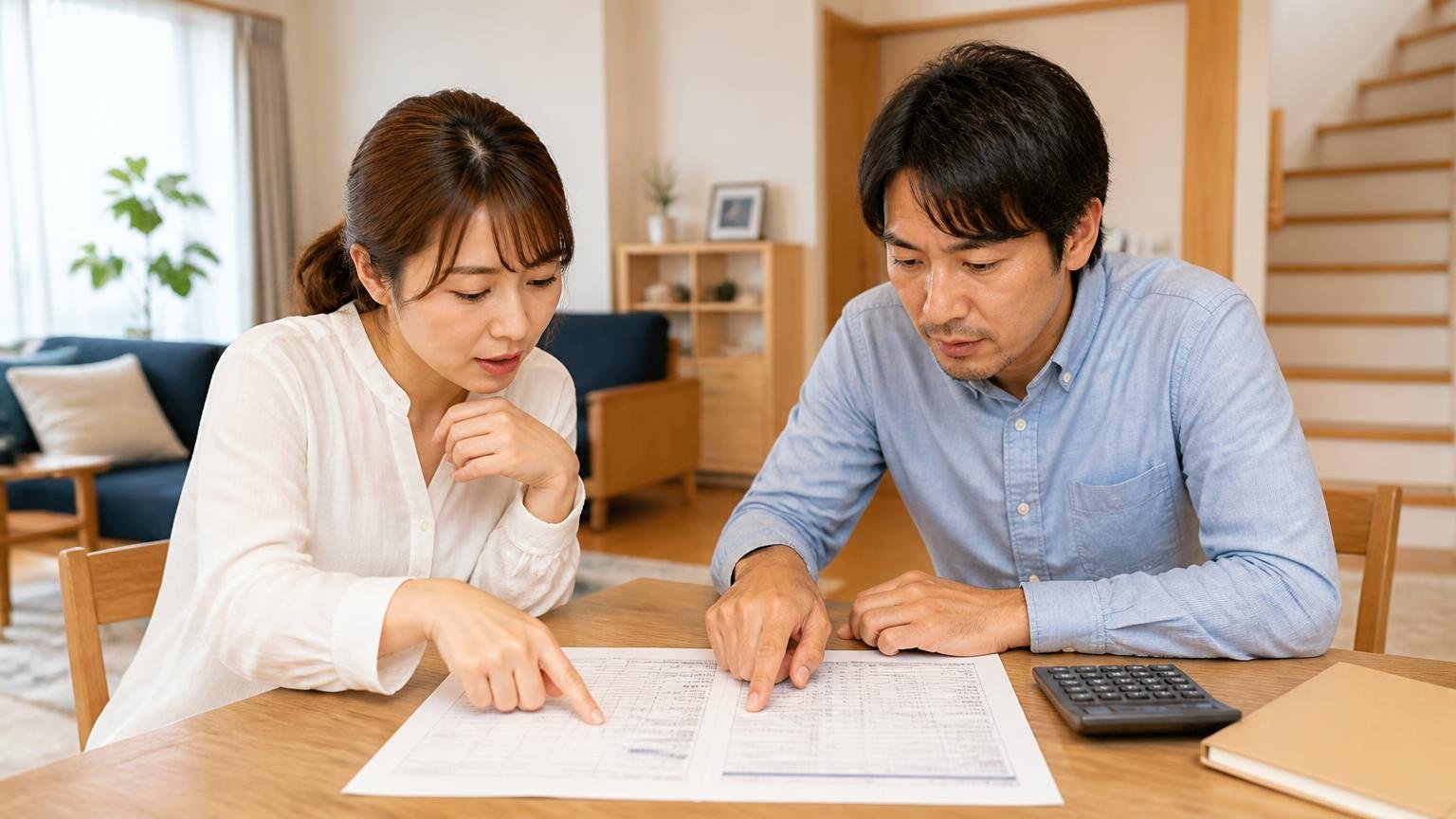 見積書のどこを見るか、木造戸建てのリビングで30代女性と40代男性が見積書の内訳を指でなぞって確認する