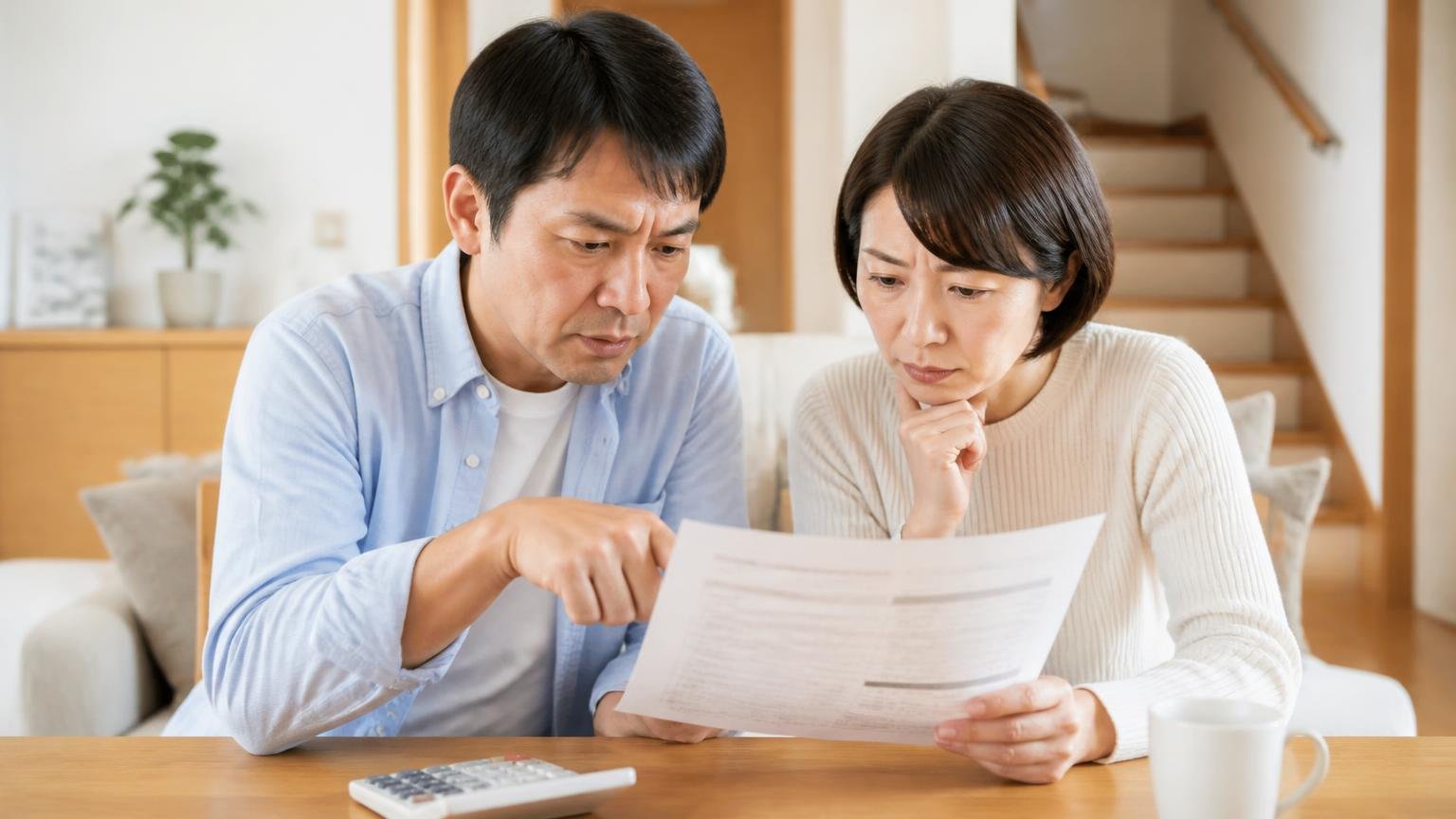見積書で見るべき4つのポイントを確認する場面 木造戸建てのリビングで見積書を指さす夫婦2人 真剣に読み込む