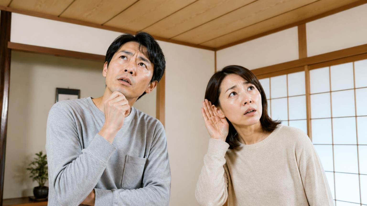 天井裏の足音の正体を推測する場面 木造戸建ての和室で天井を見上げる 30代男性と40代女性が耳を澄ませる表情