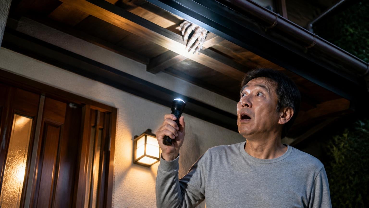 天井裏の相手がネズミとは限らない/木造戸建ての屋根の軒下を見上げる玄関前で住人の男性1人が懐中電灯を向け驚いて目を見開く