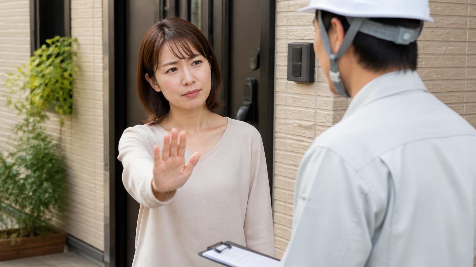 その場で契約しないための一言。玄関前で作業員に落ち着いて話す30代女性が手のひらを見せて断る仕草