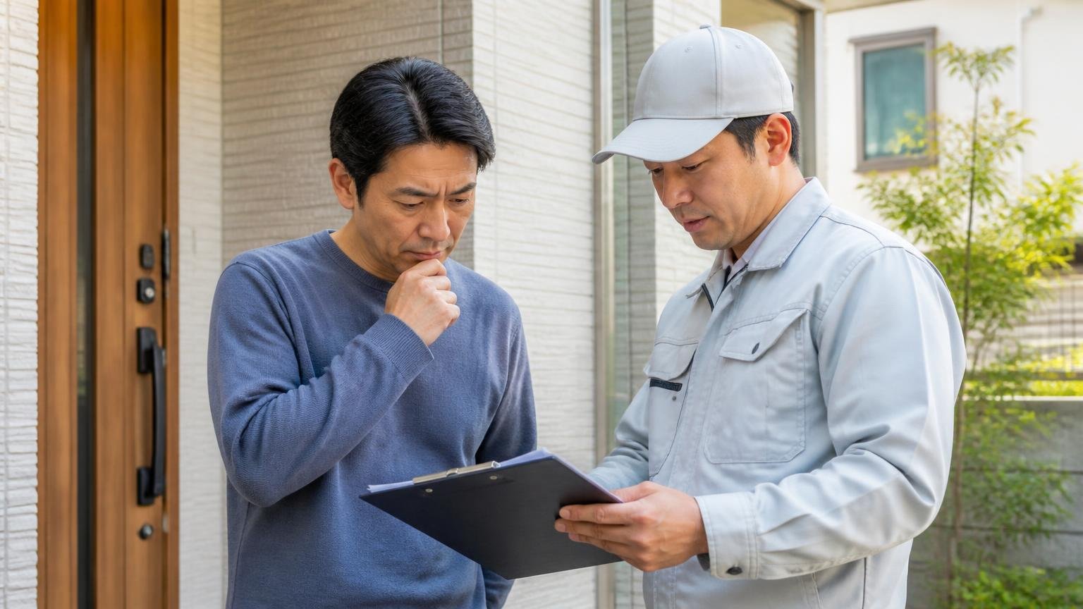 保証は年数ではなく再発したとき何をしてくれるか。玄関先で契約書を確認する40代男性と作業員