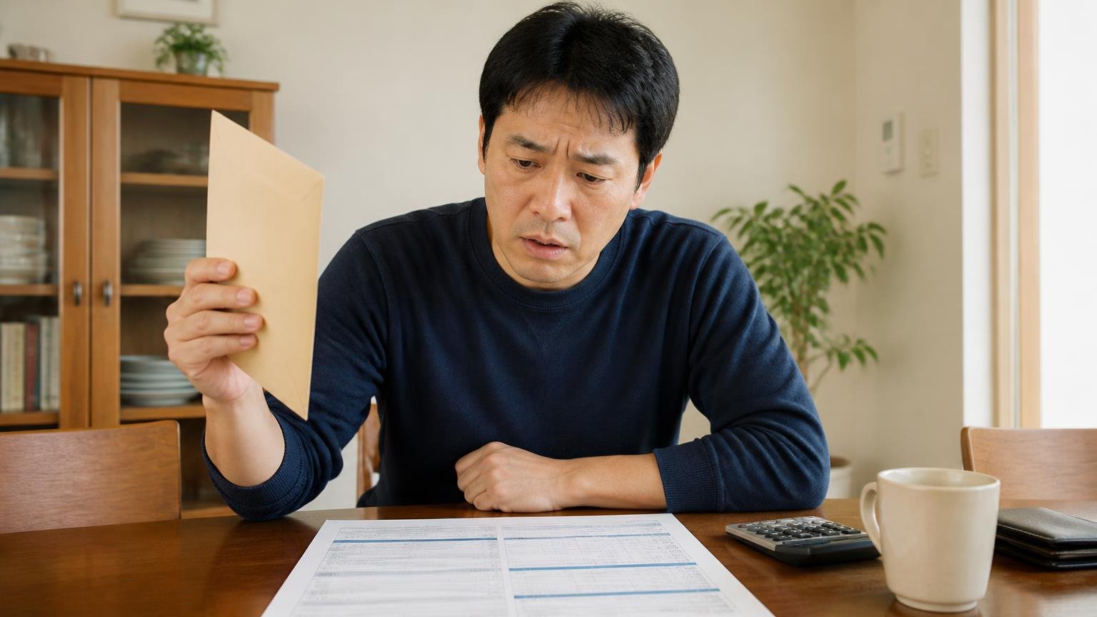 この金額高いんでしょうかに答えが出ない理由|自宅のダイニングで見積書を前に固まる|40代男性1人|封筒を手に持ったまま動きが止まる