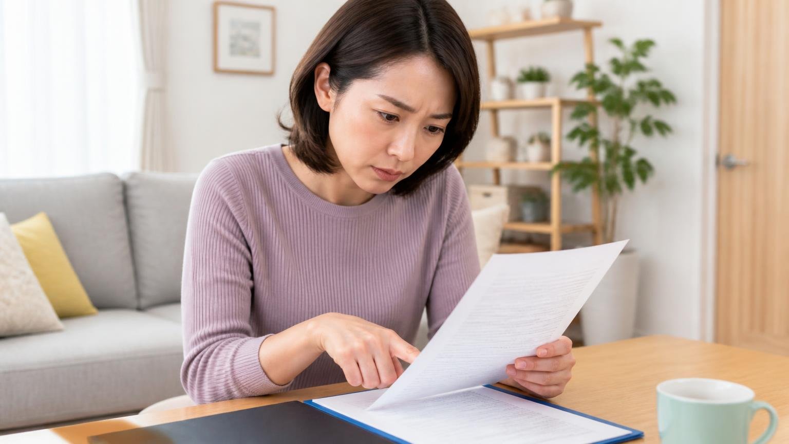 保証は年数よりどこまで無償かを見る、リビングで契約書を読む、指でなぞる女性1人、慎重な表情