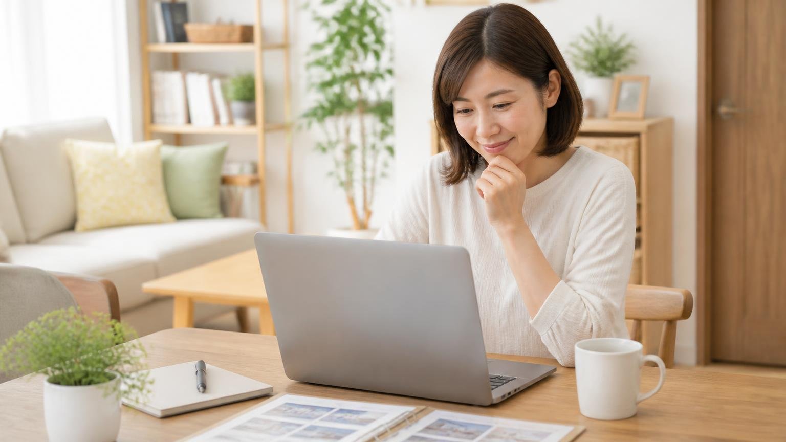 公的機関も複数社比較を推奨。住宅のリビングでパソコンを見ながら業者を調べる30代女性1人が安心した表情