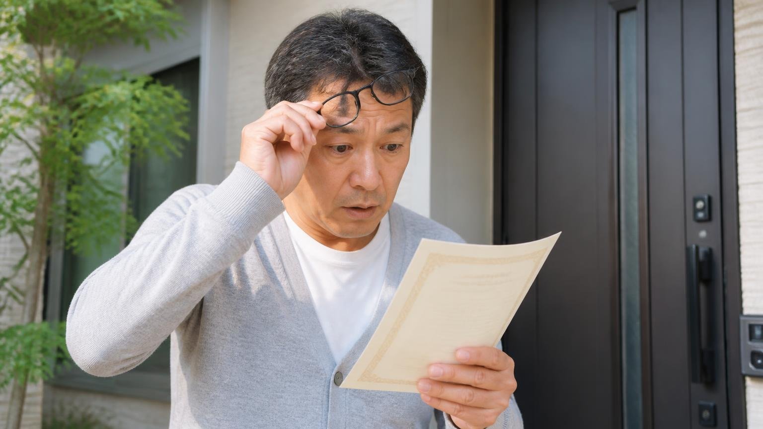 保証は年数ではなく中身を見る|玄関先で保証書を読む男性1人が眼鏡を上げて見入る