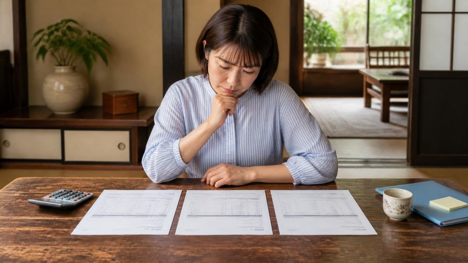 1社だけでは高いか安いかを測る物差しがない。古民家の座卓で女性1人が3社の見積書を並べ見比べる